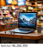 Интернет покупки / A small cart from the supermarket is on the laptop keyboard. The concept of online trading. Стоковое AI-изображение, AI-художник Евгения Харлампьева / Фотобанк Лори