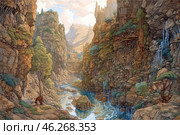 A fantastic landscape featuring a valley with high cliffs, surrounded by majestic rocks. A river flows between the rocks, with trees growing along it. On the steep cliffs, you can see houses built into the rocks, like part of nature. The river and waterfalls cascade down. The sun's rays penetrate through narrow crevices, creating a warm atmosphere. This landscape resembles a scene from a magical world, where nature and architecture merge harmoniously. Стоковое AI-изображение, AI-художник Анна Кривицкая / Фотобанк Лори