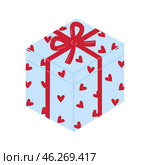 Gift box with heart shapes and ribbon isolated on white background. Valentine's day, bithday, christmas, holiday vector flat illustration. Стоковая иллюстрация, иллюстратор Алина Умарова / Фотобанк Лори