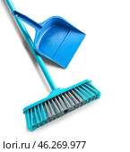 Blue dustpan and broom on white background. Стоковое фото, фотограф Pixel_shot / Фотобанк Лори
