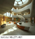 A spacious and modern atrium with a futuristic design. In the center of the composition is an elegant curved staircase leading to the upper levels. The building is designed in the style of organic architecture with smooth shapes, rounded balconies and natural light coming through large windows and a glass ceiling with geometric patterns. The interior uses natural materials such as concrete, wood and glass, creating a balance between technology and natural harmony. Downstairs there are soft sofas, tables and green plants, forming cozy areas for relaxation and communication. Стоковое AI-изображение, AI-художник Анна Кривицкая / Фотобанк Лори
