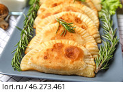 Plate with tasty meat empanadas with rosemary, closeup. Стоковое фото, фотограф Pixel_shot / Фотобанк Лори
