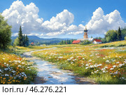 A bright and colorful landscape painting. The painting depicts a blooming field, dotted with many flowers, with a path that leads to a church with a dome on the horizon. The clouds in the background create a feeling of lightness and spaciousness, and the beautiful trees and mountains add depth and tranquility to the painting. Стоковое AI-изображение, AI-художник Анна Кривицкая / Фотобанк Лори