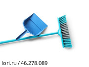 Blue dustpan and broom on white background. Стоковое фото, фотограф Pixel_shot / Фотобанк Лори