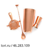 Cobbler shaker, mixing spoon, double jigger and strainer on white background. Стоковое фото, фотограф Pixel_shot / Фотобанк Лори