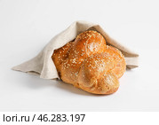 Traditional challah bread on white background. Shabbat Shalom. Стоковое фото, фотограф Pixel_shot / Фотобанк Лори