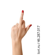 Female hand showing middle finger on white background. Стоковое фото, фотограф Pixel_shot / Фотобанк Лори