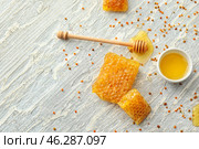 Bowl with sweet honey and pieces of fresh combs on light table. Стоковое фото, фотограф Pixel_shot / Фотобанк Лори