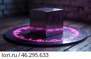 Мистическая 3D-иллюстрация зеркального куба. Куб отражает окружающее пространство, создавая эффект глубины и таинственности. Из куба исходит лёгкий фиолетовый дым, придающий мистическую атмосферу. Стоковое AI-изображение, AI-художник Ирина Першина / Фотобанк Лори