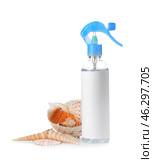 Bottle of air freshener and sea shells on white background. Стоковое фото, фотограф Pixel_shot / Фотобанк Лори