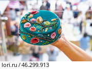 Handcrafted Tatar skullcap with intricate bead embroidery, and traditional folk plant patterns. Стоковое фото, фотограф Ирина Кононова / Фотобанк Лори