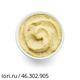 Bowl with tasty baba ghanoush on white background, top view. Стоковое фото, фотограф Pixel_shot / Фотобанк Лори