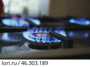 Gas burner with blue flame on domestic stove, closeup. Стоковое фото, фотограф Pixel_shot / Фотобанк Лори