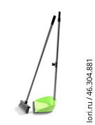 Cleaning broom with green dustpan on white background. Стоковое фото, фотограф Pixel_shot / Фотобанк Лори
