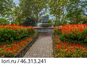 A picturesque corner of Sevastopol — a well-kept park with a fountain. In the center of the composition is a fountain with water thrown upwards, creating the effect of a light fog around. Flower beds are laid out around the fountain, densely planted with bright red flowers, which gives the place a special picturesqueness and contrast against the background of green trees.The pedestrian path leading to the fountain is framed by metal fences, creating a neat look. Tall trees grow along the edges, creating natural shade and a cozy atmosphere. Such a place is ideal for walking and relaxing, especially in warm seasons. Стоковое фото, фотограф Анна Кривицкая / Фотобанк Лори