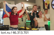 Men and women supporting Czech sports team in pub together. Happy group of friends raising Czech flag. Стоковое видео, видеограф Яков Филимонов / Фотобанк Лори