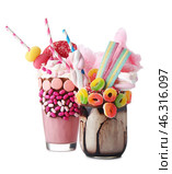 Different delicious freak shakes on white background. Стоковое фото, фотограф Pixel_shot / Фотобанк Лори