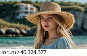 Summer vacation on the beach, close-up of a beautiful woman in a straw hat. Daylight saving time. Rest and vacations, a place to copy. Стоковое AI-изображение, AI-художник Photojuli / Фотобанк Лори