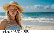Summer vacation on the beach, close-up of a beautiful woman in a straw hat. Daylight saving time. Rest and vacations, a place to copy. Стоковое AI-изображение, AI-художник Photojuli / Фотобанк Лори