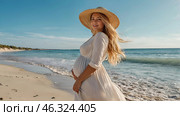 Close-up of a pregnant beautiful woman in a straw hat. Daylight saving time. Relaxation, peace of mind, sea air. The concept of pregnancy, childbirth and parental responsibilities. Стоковое AI-изображение, AI-художник Photojuli / Фотобанк Лори