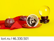 Cup with spent coffee grounds for fortune telling, crystal ball and candles on color background. Стоковое фото, фотограф Pixel_shot / Фотобанк Лори