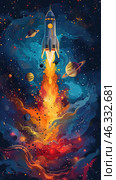 Colorful children drawing of universe, space rocket, Stars and planets. cosmic background, Cosmonautics Day concept. Стоковое AI-изображение, AI-художник Ирина Михайличенко / Фотобанк Лори