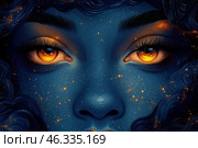 A mystical face reminiscent of a starry sky. The skin is painted in a deep blue color, interspersed with glowing golden dots, creating a galactic effect. The eyes are mesmerizingly bright, with fiery amber irises, similar to glowing stars or miniature suns. The hair is depicted as smooth cosmic flows, reminiscent of universal fogs. The composition combines elements of fantasy, space and magical realism, creating the image of a universal being or goddess of the stars. Стоковое AI-изображение, AI-художник Анна Кривицкая / Фотобанк Лори