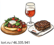 Привлекательный обед с мясом, свежим салатом и розовым вином в веселой атмосфере. Стоковое AI-изображение, AI-художник Сергей Милянчиков / Фотобанк Лори