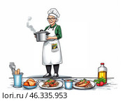 Доброжелательная пожилая женщина готовит в яркой кухне с аппетитными блюдами. Стоковое AI-изображение, AI-художник Сергей Милянчиков / Фотобанк Лори