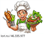 Молодой повар в Греции наслаждается вкусным гиросом и свежими ингредиентами на тарелке. Стоковое AI-изображение, AI-художник Сергей Милянчиков / Фотобанк Лори
