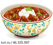 В украинском борще с мясом, сметаной и зеленью в декоративной тарелке. Стоковое AI-изображение, AI-художник Сергей Милянчиков / Фотобанк Лори