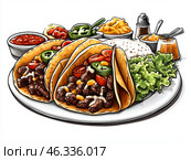 Вкусные такос с говядиной и свежими гарнирами на белой тарелке. Стоковое AI-изображение, AI-художник Сергей Милянчиков / Фотобанк Лори