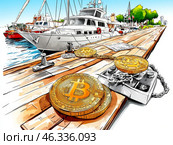Солнечные пути к богатству с биткойном на спокойном морском берегу. Стоковое AI-изображение, AI-художник Сергей Милянчиков / Фотобанк Лори