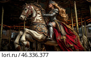 A majestic woman in knightly armor, seated on an elaborately decorated wooden carousel horse. Her long blonde hair flutters in the wind, and a crown glitters on her head, emphasizing her status as a warrior queen. She wears gleaming armor with ornate engravings, and beneath it, a rich red mantle with gold embroidery, falling from the saddle. The carousel she is on is lit by soft, warm lamps, creating the atmosphere of a medieval fairy tale. Стоковое AI-изображение, AI-художник Анна Кривицкая / Фотобанк Лори