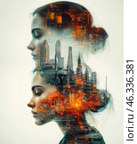 A futuristic double portrait of a woman, in which her silhouette smoothly merges with elements of a high-tech city. Skyscrapers, factories, digital circuits and networks are integrated into her head, creating the effect of a cyberpunk aesthetic. Orange and neon lighting elements give the image a sense of dynamism and future technology. The two profiles superimposed on each other create a sense of reflection, the connection of the mind with artificial intelligence and digital reality. Стоковое AI-изображение, AI-художник Анна Кривицкая / Фотобанк Лори