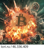 A powerful and expressive scene with a giant Bitcoin (₿) emblem surrounded by an explosion of fire, smoke and destruction. The cryptocurrency symbol appears to be incinerating, symbolizing either collapse or incredible growth and breakthrough. The background contains destroyed objects, technology fragments and flashes of light, creating a sense of financial catastrophe or revolution. Стоковое AI-изображение, AI-художник Анна Кривицкая / Фотобанк Лори