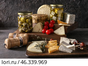 Assortment of tasty cheese on grey table. Стоковое фото, фотограф Pixel_shot / Фотобанк Лори