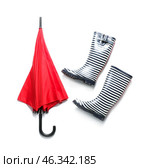 Stylish umbrella with gumboots on white background. Стоковое фото, фотограф Pixel_shot / Фотобанк Лори
