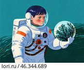 Иллюстрация "Космонавт и жизнь на неизвестной планете" Стоковое AI-изображение, AI-художник ольга скальская / Фотобанк Лори