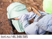 серая муфта, варежки крепятся на ручку коляски или велосипеда, для согревания рук в холодную погоду и зимой. Стоковое фото, фотограф Яна Проничева / Фотобанк Лори