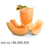 Glass of fresh melon smoothie on white background. Стоковое фото, фотограф Pixel_shot / Фотобанк Лори