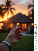 Realtor's hand with keys to house for beach holiday in hot tropics with palm trees. Hotel reservations, booking, moving to new house, mortgage, rent and purchase of real estate. AI generated. Стоковое AI-изображение, AI-художник Ольга Симонова / Фотобанк Лори