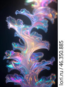 Colorful translucent fractal structure illuminated in a dark background showcasing intricate organic patterns. Стоковое AI-изображение, AI-художник Сергей Толмачёв / Фотобанк Лори
