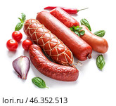 Assortment of sausages on white background. Стоковое фото, фотограф Pixel_shot / Фотобанк Лори
