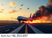 The plane crashes onto the runway of the airport, the engines are burning, a flock of birds is flying overhead. Accidents and air disasters. Стоковое AI-изображение, AI-художник Коханова Наталья / Фотобанк Лори