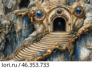 A majestic architectural composition built into the rock. A stone staircase with golden patterns and decorative elements leads to a luxurious gate decorated with blue gemstones inlaid into the arched vaults. Water flows down the rocks, creating the impression of a magical atmosphere of an ancient, possibly lost temple or palace. The entrance deep into the mountain looks mysterious, as if it hides ancient secrets. The color palette combines warm golden tones with cool blue and gray shades. Стоковое AI-изображение, AI-художник Анна Кривицкая / Фотобанк Лори