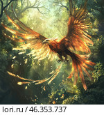 A majestic phoenix soaring in the sunlight through the dense forest. Its luxurious feathers shimmer in shades of fiery red, gold and amber, creating a glowing effect. The long, graceful tail resembles tongues of flame, which leave a glowing trail behind them. The wings of the phoenix are spread out in all their glory, demonstrating the grace and power of this mythical creature.The forest around is filled with a magical atmosphere: rays of sunlight penetrate through the leaves, creating a soft light, and golden particles float in the air like magical sparks. This image conveys a sense of awakening, rebirth and the unquenchable spirit of the phoenix, symbolizing rebirth and the endless cycle of life. Стоковое AI-изображение, AI-художник Анна Кривицкая / Фотобанк Лори