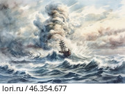 A sea storm scene, done in watercolor. In the center of the raging ocean is an old sailing ship, struggling with huge waves. Heavy storm clouds hang over it, from which thick smoke or fog rises, creating the effect of an impending disaster. The ship seems tiny in front of the elements, and its masts creak under the gusts of wind. The water looks restless and fast, reflecting the energy of the storm. In the distance, dark silhouettes of birds are visible, soaring in the stormy sky, adding a sense of anxiety and the grandeur of nature. Стоковое AI-изображение, AI-художник Анна Кривицкая / Фотобанк Лори