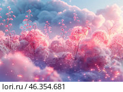 A magical, fairytale scene with delicate pink flowers covered with frost or sparkling magical light. The clouds in the background create a feeling of softness and airiness, and the delicate shades of pink and blue give the composition a fairytale and dreamy character. Small sparkling particles of light, like stardust, float in the air, creating a feeling of magic and fantasy. Стоковое AI-изображение, AI-художник Анна Кривицкая / Фотобанк Лори