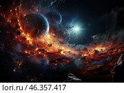An epic space scene with massive planets, asteroids, and bright streams of lava or energy filling the space. Burning clouds of interstellar matter create a cataclysmic effect, similar to a supernova explosion or the birth of a new galaxy. At the center of the composition shines a bright star, flooding the scene with light, creating a strong contrast between the cold dark planets and the fiery flashes of matter. The painting conveys the grandeur and chaotic power of the universe. Стоковое AI-изображение, AI-художник Анна Кривицкая / Фотобанк Лори